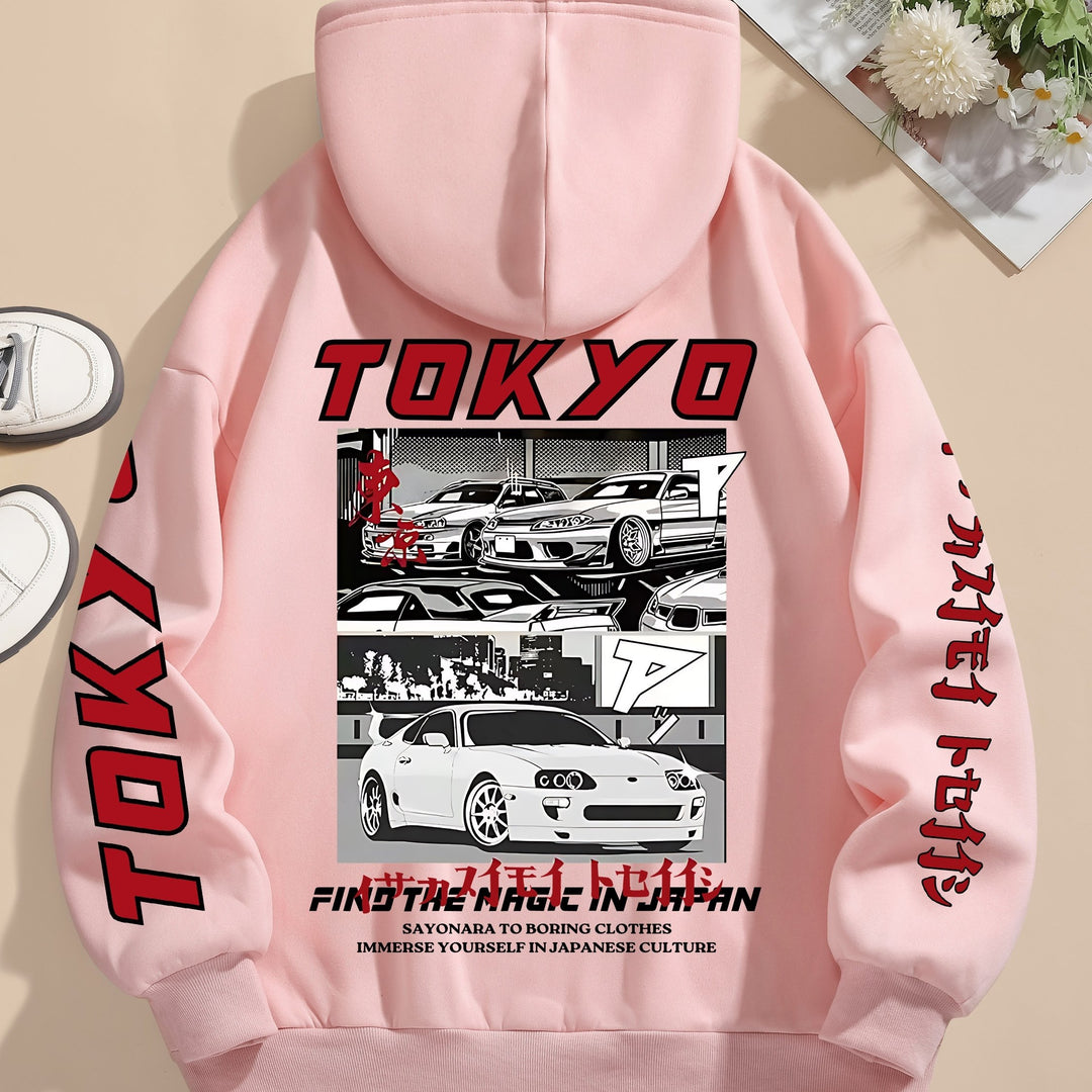 Women'S Casual Hooded Sweatshirt with Graphic Car Print, 100% Polyester Knit Fabric, All-Season Drawstring Hoodie, 250gsm - Fashionable & Comfortable