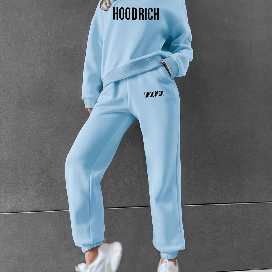 Women's Casual Fashion Geometric HOODRICH Letter Pattern Print Hoodie and Sweatpants Set - Long Sleeve, Round Neck, Polyester Blend, Perfect for Fall and Winter