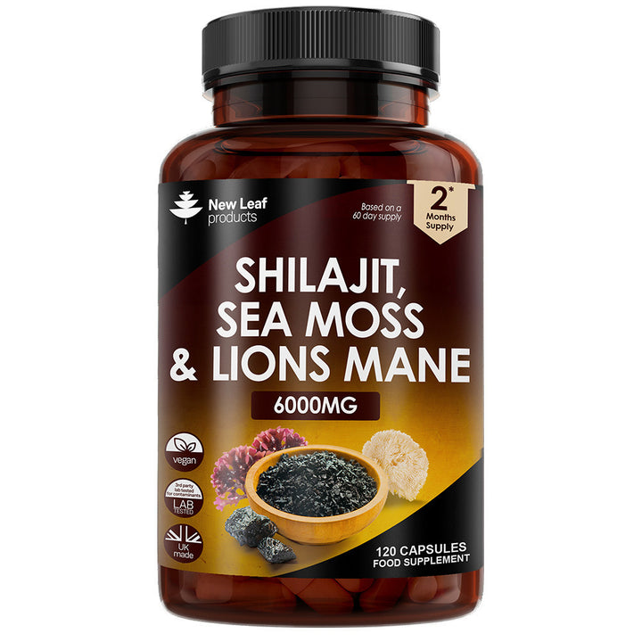 Shilajit, Sea Moss & Lions Mane Capsules - 120 High Strength 6000mg Capsules with 60% Fulvic Acid