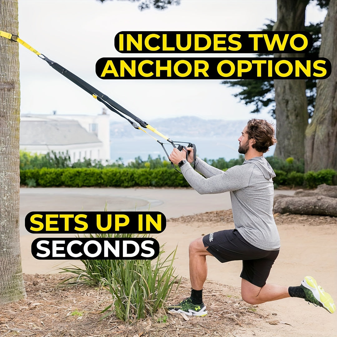 Complete Suspension Trainer Kit for Full Body Workouts - Includes Door Anchor, Extension Arms & Advanced Foot Straps, Durable Polyester, Yellow/Black