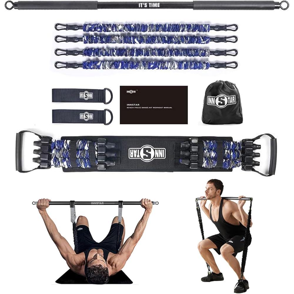 NEW Portable Home Gym Set with Workout Bar, Bench Press Set, Squat Resistance Band, Door Anchor and More-Full Body Workout Equipment to Build Muscle and Shape Body