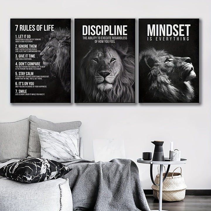 Inspirational Lion King Canvas Poster Prints, Set of 3, Frameless Motivational Wall Art for Home Office, Living Room, Bedroom - Art Deco, Classic, Contemporary Styles, Animal Print Theme, Indoor Portrait Orientation