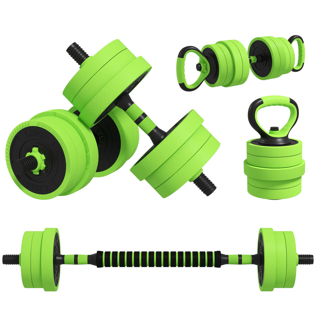 SPORTNOW 4-in-1 Adjustable Weight Dumbbells Set, Used as Barbell, Kettlebell, Push up Stand, Free Weights Set for Men and Women Home Gym Training, 20KG, Green