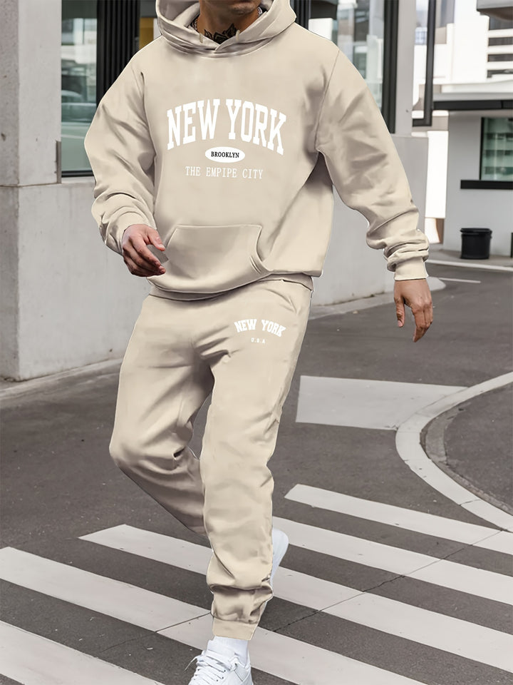 Men'S Thickened Fleece Sports Suit with New York Letter Print, Spring And Autumn Hooded Sweatshirt Set, Long Sleeve Casual And Comfortable with Pockets, Two-Piece Hoodie And Sweatpants.