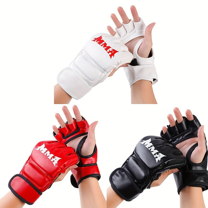 1 Pair Adult Half-Finger MMA Boxing Gloves with Hook & Loop Closure - Durable PU Material, Available in White/Red/Black