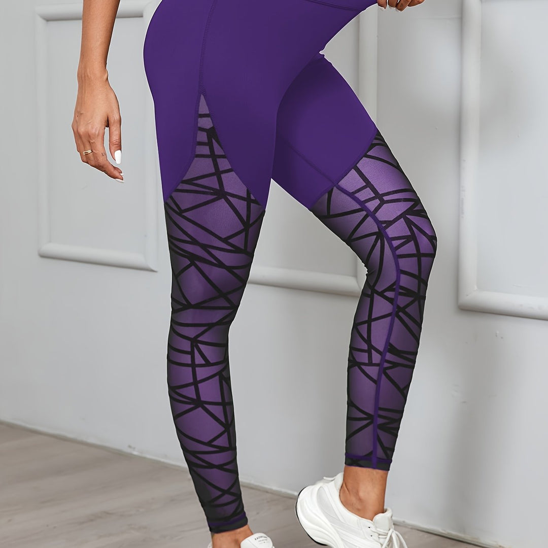 Women's High Waist Geometric Mesh Stitching Daily Fitness Yoga Leggings, Women's Activewear