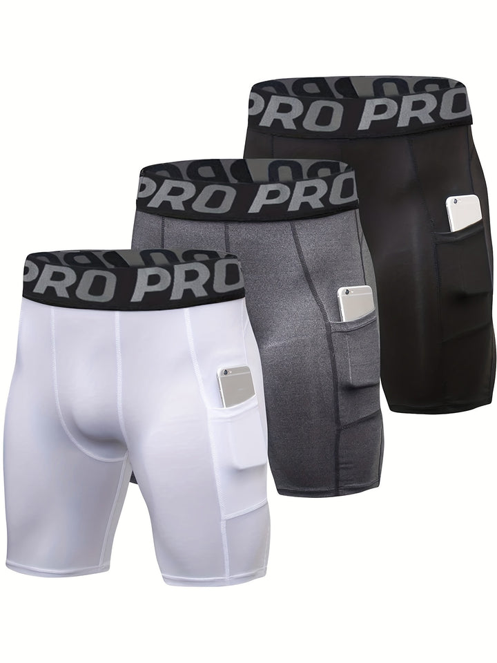 3pcs Men's High-Elastic Compression Shorts - PRO Pro Pro Design, Breathable & Stretchy Fabric, Perfect for Gym, Running & Sports Activities, Black with Side Pockets, Plus Size Shorts