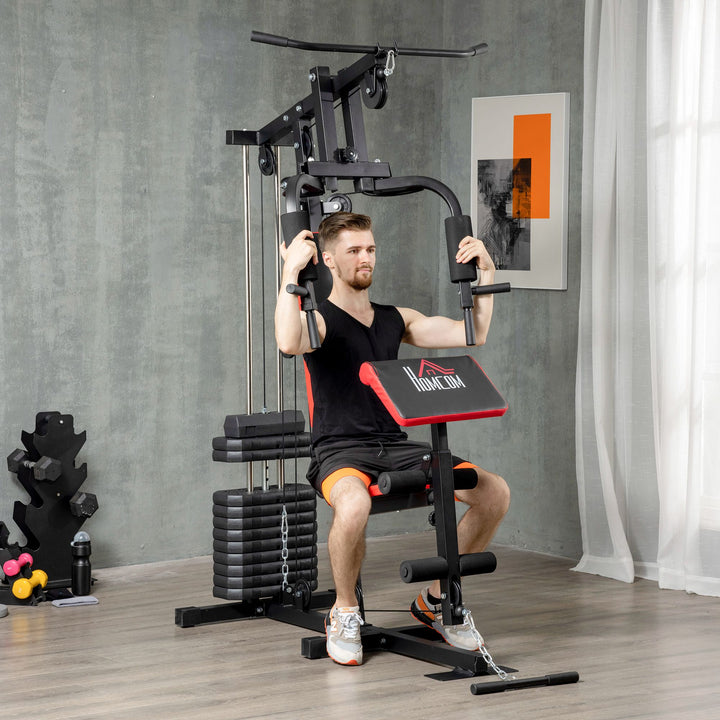 Multi Gym with Weights, Multifunction Home Gym Machine with 66kg Weight Stack for Full Body Workout and Strength Training, Red