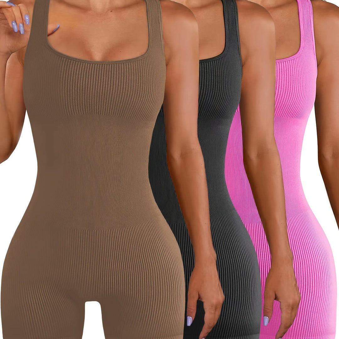 3pcs Women's Solid Color Sleeveless Yoga Jumpsuits, Seamless Ribbed Knit Gym Bodysuits, Casual Athletic Tank Rompers