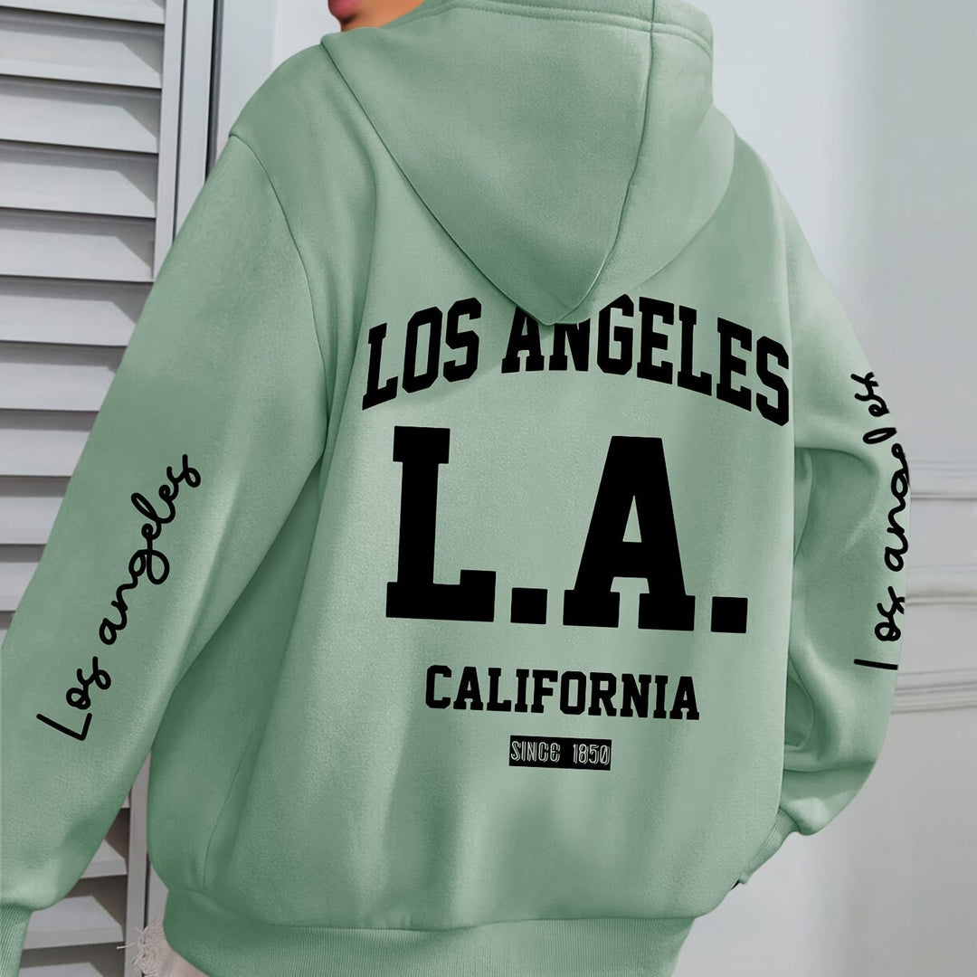 Women'S Plus Size Casual Hoodie with Los Angeles Print, Long Sleeve Pullover Sweatshirt with Pocket, 100% Polyester Knit Fabric, Slight Stretch, Fall/Winter Hooded Clothing