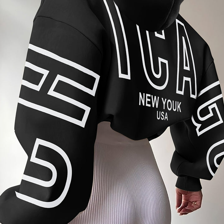 SPECHIR Chic Women's Black Hoodie with White "NEW YORK" Lettering - Elegant Polyester Knit, Long Sleeve, Drop Shoulder Design, Machine Washable for Fall/Winter, Oversized Hoodie