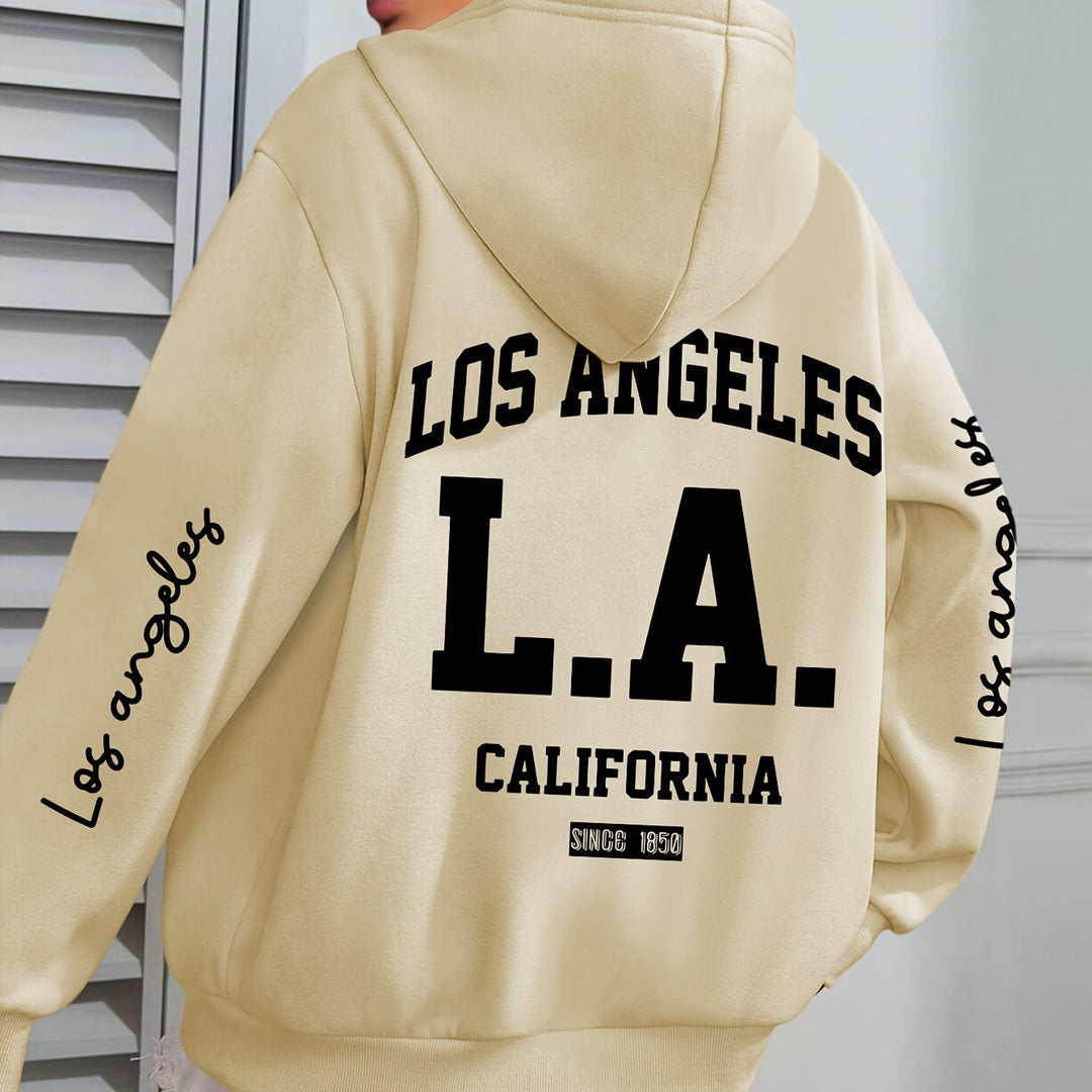 Women'S Plus Size Casual Hoodie with Los Angeles Print, Long Sleeve Pullover Sweatshirt with Pocket, 100% Polyester Knit Fabric, Slight Stretch, Fall/Winter Hooded Clothing