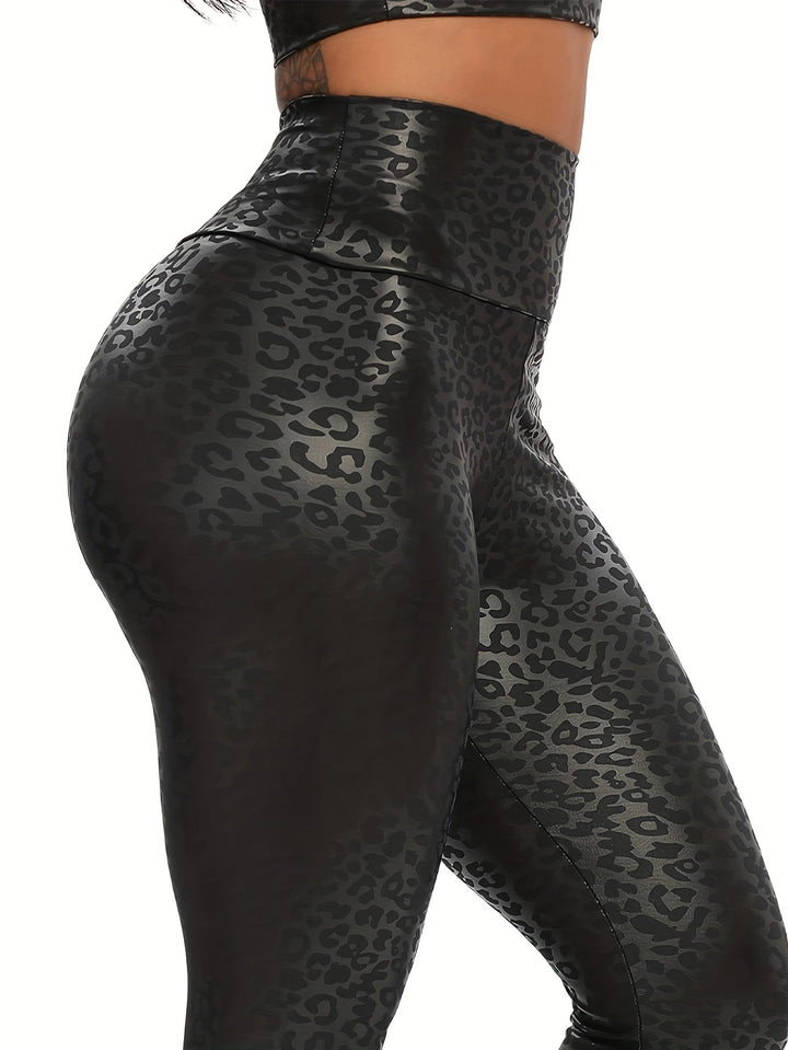 Leopard Print Butt Lifting Yoga Leggings, High Waist Fitness Sports Skinny Pants, Women's Activewear