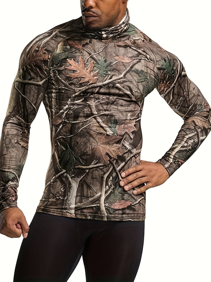 1pc Men's Camo Print Long Sleeve Compression T-Shirt, High Elasticity Sports Top with Crew Neck, Polyester Knit Fabric, Skinny Fit for Fitness & Training, Brothers, Muscle, Full-body Print