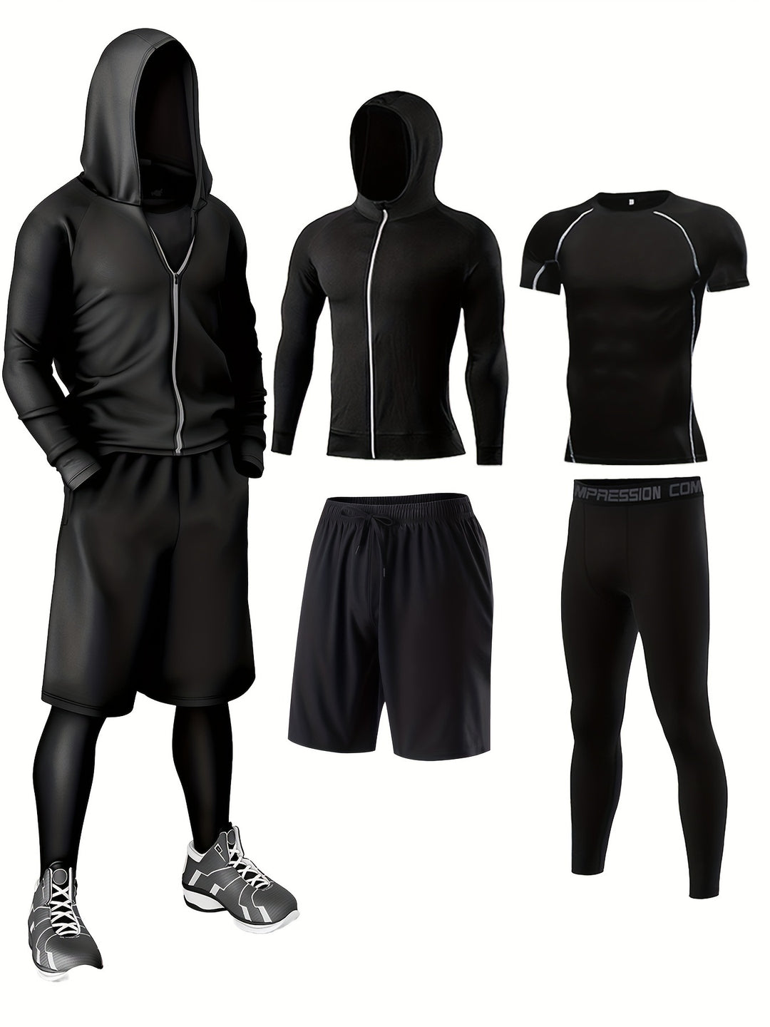 4-Piece Men's Athletic Set - Breathable Quick-Dry Sportswear, Running Gym Cycling Outfit, Casual Comfort Fitness Apparel with Hoodie, Jacket, Shorts & Leggings