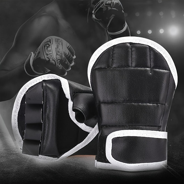 Premium Black Half-Finger Boxing Gloves for Adults - Durable Faux Leather, Easy Pull-On Design, Pro-Grade