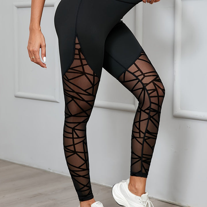 Women's High Waist Geometric Mesh Stitching Daily Fitness Yoga Leggings, Women's Activewear