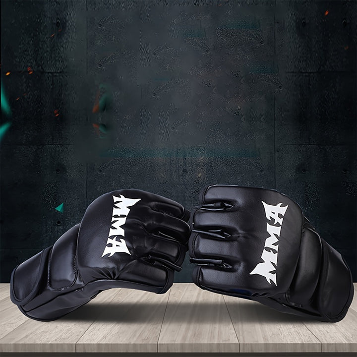 1 Pair Adult Half-Finger MMA Boxing Gloves with Hook & Loop Closure - Durable PU Material, Available in White/Red/Black