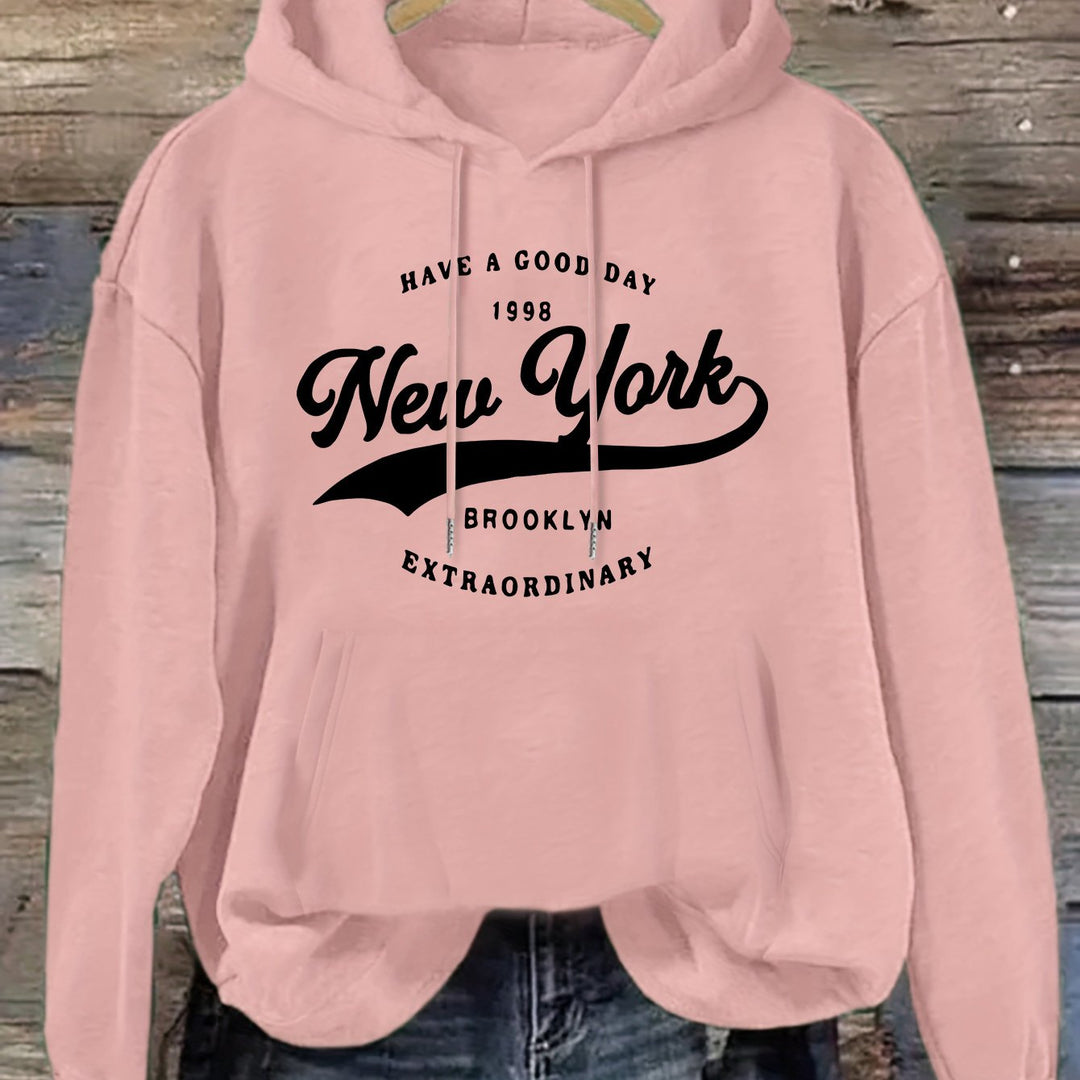 Women's New York Brooklyn Letter Print Long Sleeve Hoodie - Casual Knit Polyester Hooded Sweatshirt for Fall/Winter