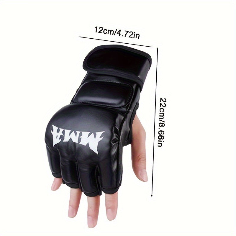 1 Pair Adult Half-Finger MMA Boxing Gloves with Hook & Loop Closure - Durable PU Material, Available in White/Red/Black