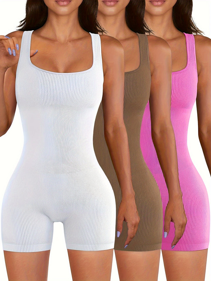 3pcs Women's Solid Color Sleeveless Yoga Jumpsuits, Seamless Ribbed Knit Gym Bodysuits, Casual Athletic Tank Rompers