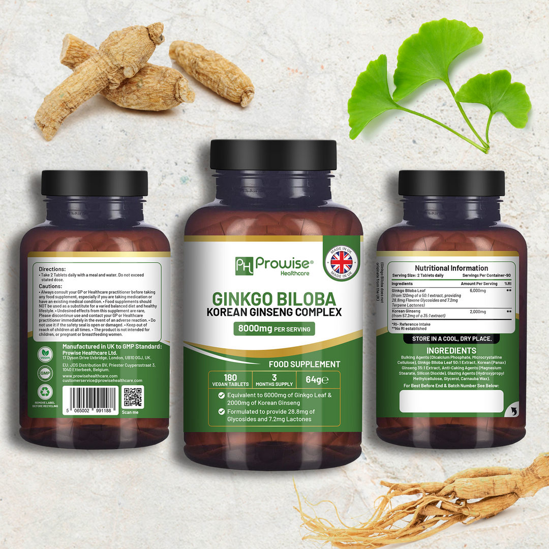 Ginkgo Biloba and Korean Ginseng Tablets 8000mg 180 Vegan Tablets | Ginkgo 6000mg & Korean Ginseng Root 2000mg Supports Cognitive Function & Mental Performance | UK Manufactured