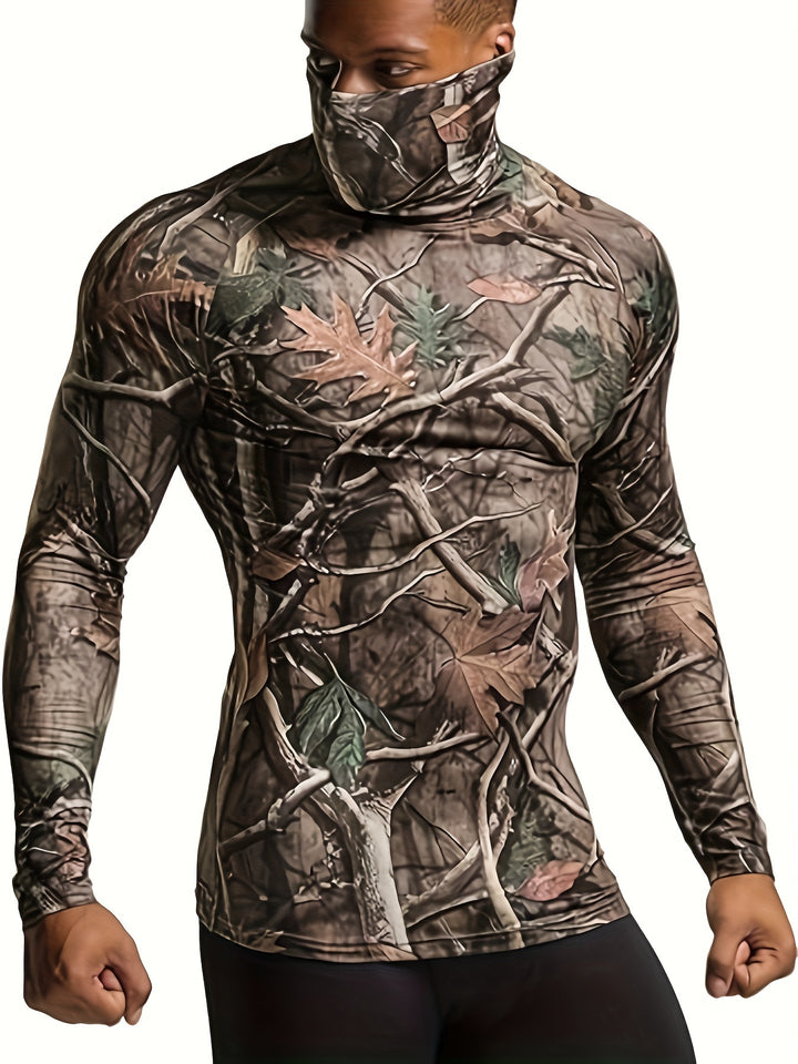 1pc Men's Camo Print Long Sleeve Compression T-Shirt, High Elasticity Sports Top with Crew Neck, Polyester Knit Fabric, Skinny Fit for Fitness & Training, Brothers, Muscle, Full-body Print