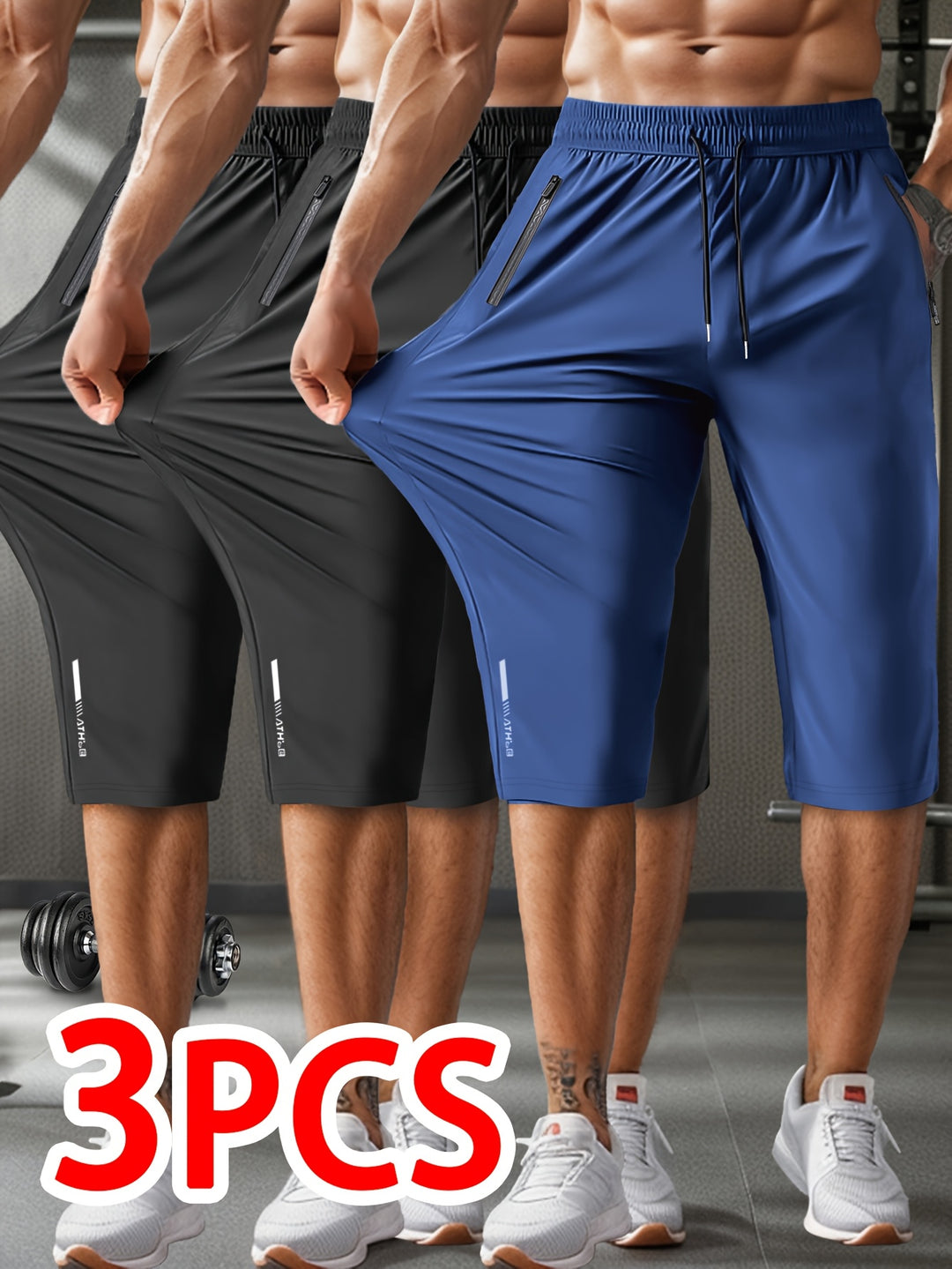 3pcs Men'S Casual Active Polyamide Shorts, High Stretch Knit Fabric, Solid Color, Straight Leg, with Pockets, Elastic Waist with Drawstring