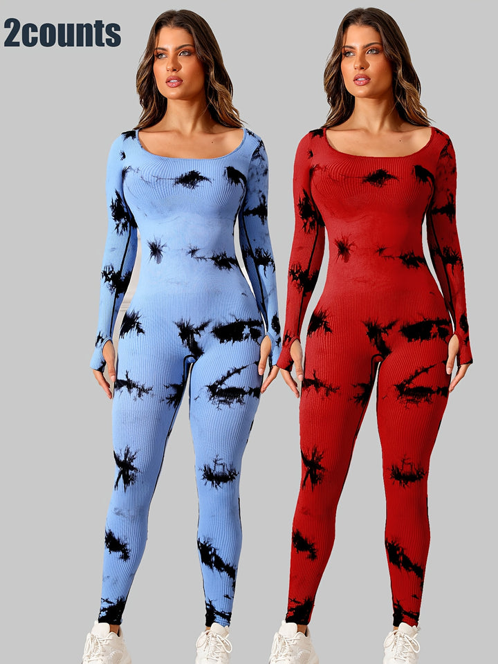 Women'S Tie-Dye Long-Sleeve Jumpsuit with a Fitted Square Neckline, Designed for Yoga And Sports to Prevent Rolling.