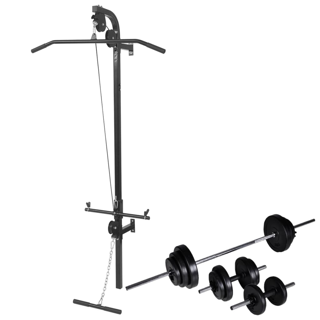 vidaXL Wall-mounted Power Tower with Barbell and Dumbbell Set 30.5 kg