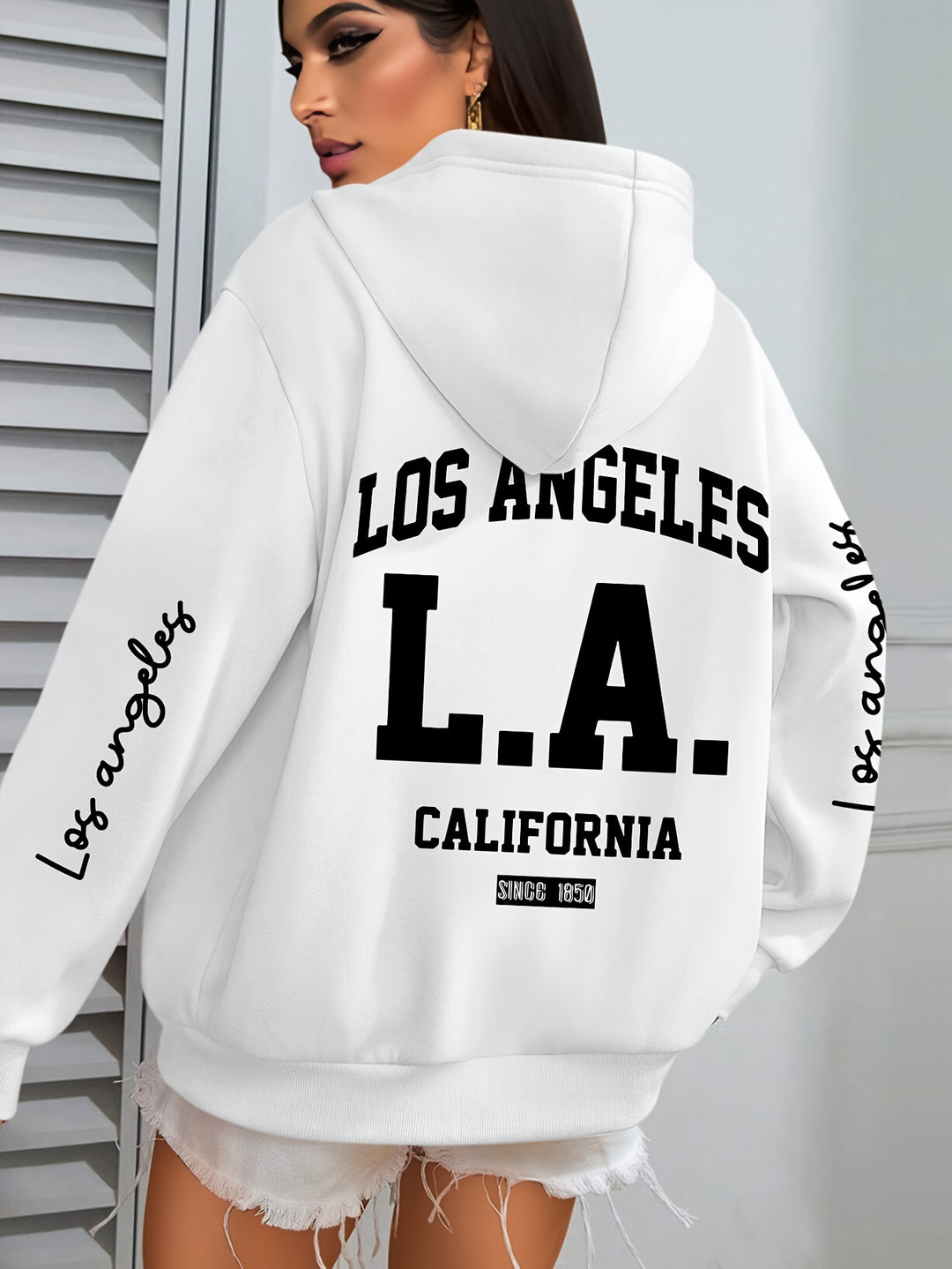 Women'S Plus Size Casual Hoodie with Los Angeles Print, Long Sleeve Pullover Sweatshirt with Pocket, 100% Polyester Knit Fabric, Slight Stretch, Fall/Winter Hooded Clothing