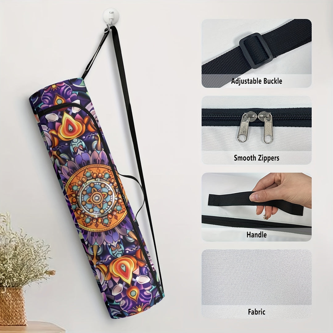 [Popular Choice] Boho Mandala Flower Yoga Mat Storage Bag for Women, Single Shoulder Fitness Mat Carrier, Non-Waterproof Polyester with Zip Closure, Gym Bag