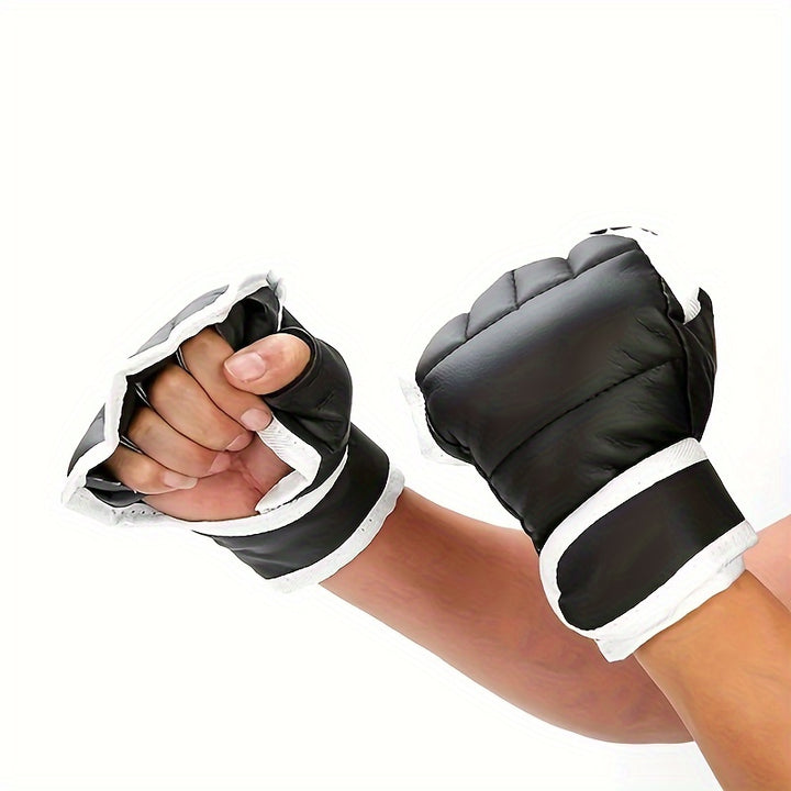 Premium Black Half-Finger Boxing Gloves for Adults - Durable Faux Leather, Easy Pull-On Design, Pro-Grade