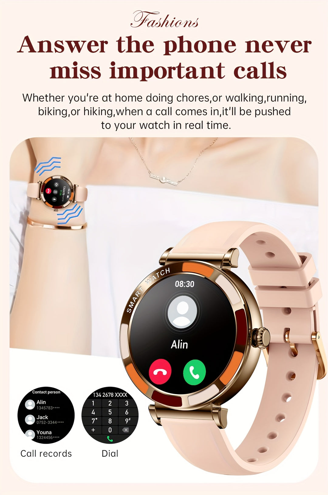 TIZOOP Smart Watch for Women, 3.23cm HD Round Touch Display, IP67, 290mAh Rechargeable Battery, Silicone Band, Digital Round Case, Wireless, 100+ Sports Modes, Pedometer, Fitness Tracker, Answer & Make Calls, Message Notifica