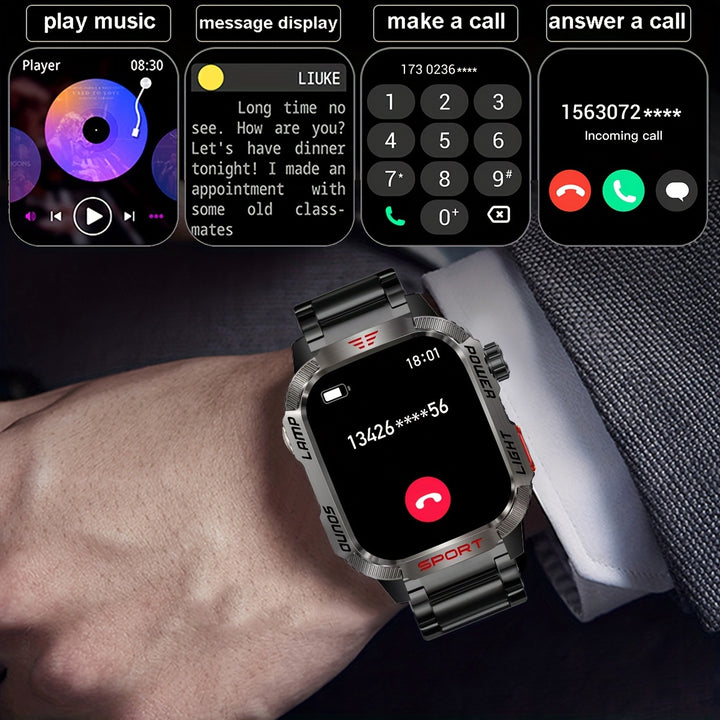 Rugged Smartwatch with Call Function for iPhone & Android, Wireless 5.0, IPS Touchscreen, Alloy Body, Stainless Steel Strap, 2.01" Display, IP68 Waterproof, 600mAh Battery, LED Flashlight, Fitness & Sleep Tracking - 240 x 296