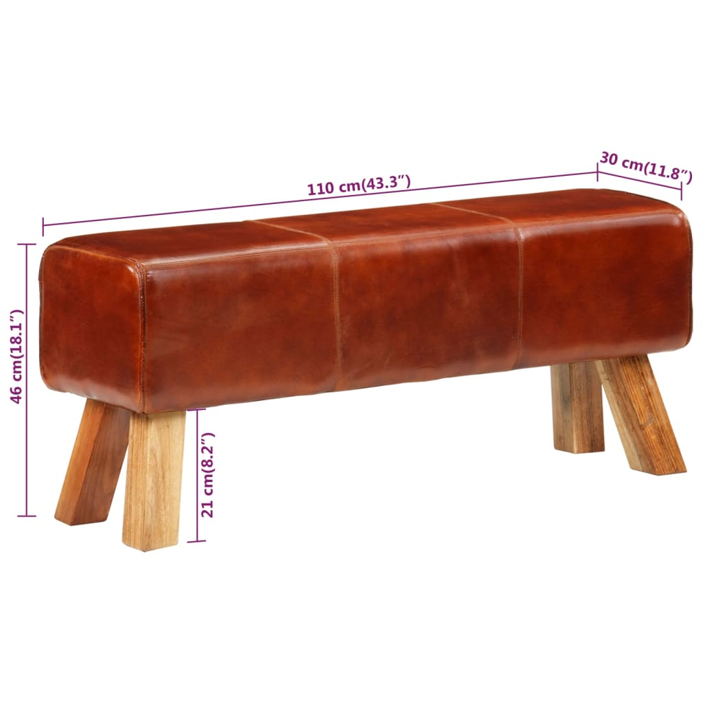 vidaXL Gym Bok Bench Brown 110 cm Real Leather and Solid Wood Mango