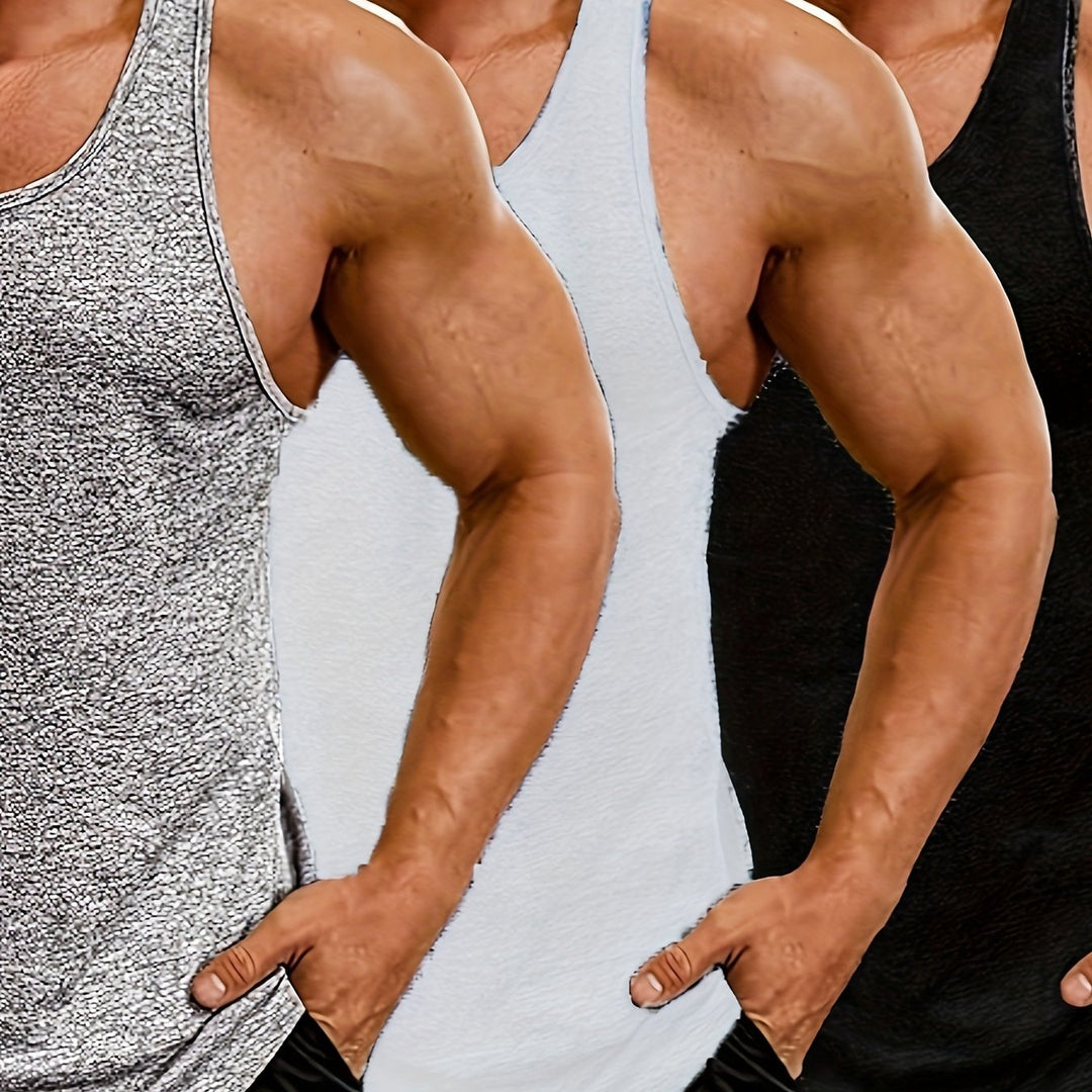 Men's 3pcs Set Of Casual And Chic Solid Crew Neck Sleeveless Sports Tank Tops, Sports Vest Suitable For Summer Fitness, Workout And Training Wear