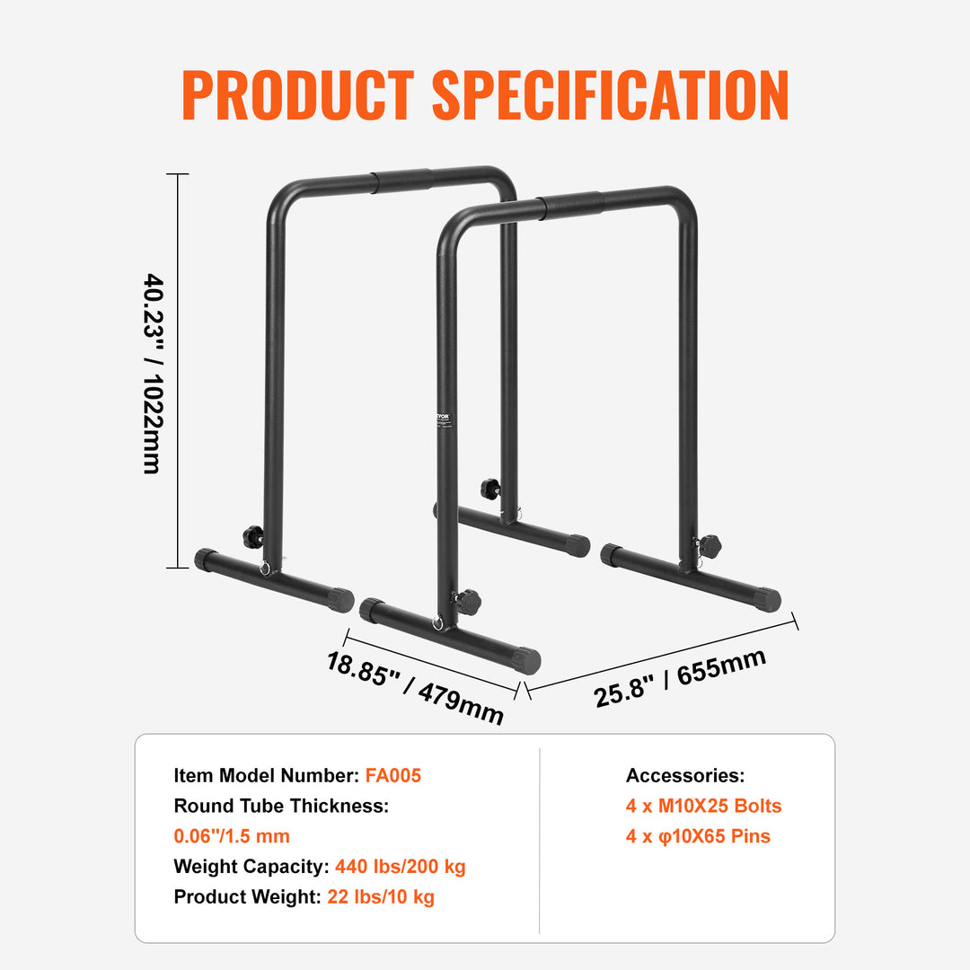 VEVOR Dip Bars, 199.58 KG Capacity, Heave Duty Dip Stand Station with Adjustable Height, Fitness Workout Dip Bar Station Stabilizer Parallette Push Up Stand, Parallel Bars for Strength Training Home Gym