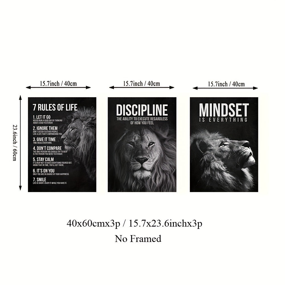 Inspirational Lion King Canvas Poster Prints, Set of 3, Frameless Motivational Wall Art for Home Office, Living Room, Bedroom - Art Deco, Classic, Contemporary Styles, Animal Print Theme, Indoor Portrait Orientation