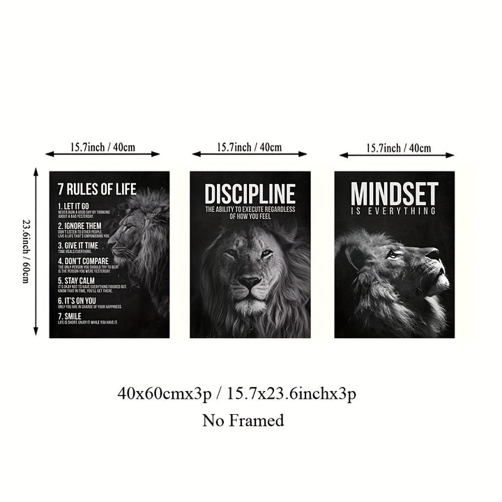 Inspirational Lion King Canvas Poster Prints, Set of 3, Frameless Motivational Wall Art for Home Office, Living Room, Bedroom - Art Deco, Classic, Contemporary Styles, Animal Print Theme, Indoor Portrait Orientation