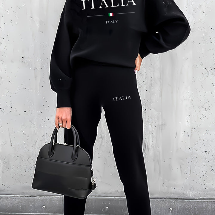 Italia Print Two-piece Pants Set, Casual Long Sleeve Fleece-lined Crew Neck Sweatshirt & Patched Pocket Pants Outfits For Fall & Winter, Women's Clothing