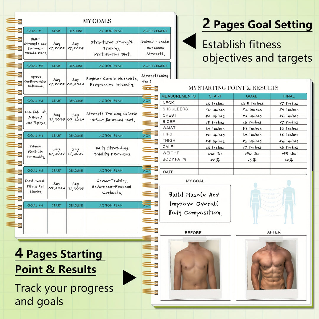 Premium Spiral-Bound Fitness Logbook - Green & Black, 14.61 x 21.01cm, 156 Pages, Thick Paper for Weight Loss, Muscle Gain & Health Tracking