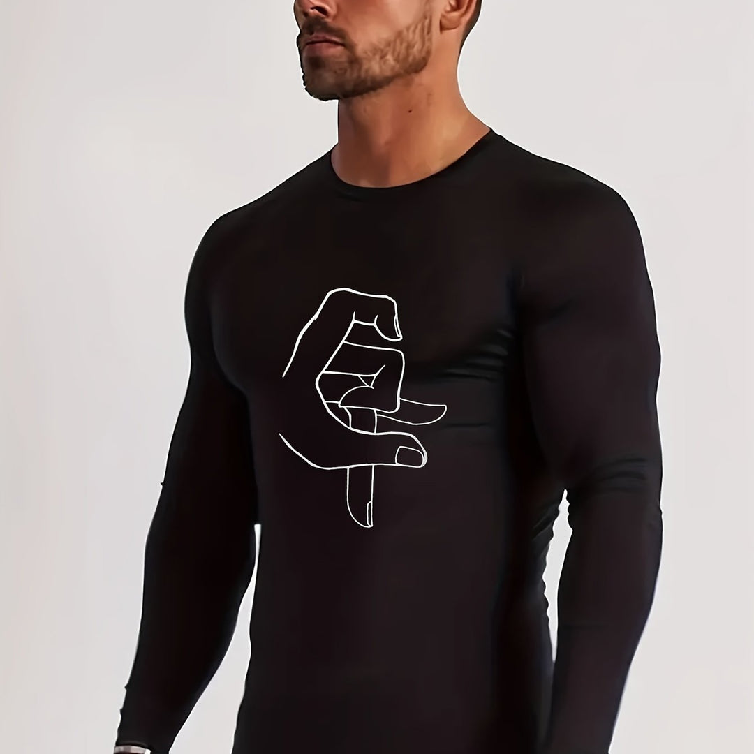 Men's Gesture Pattern Long Sleeve Fitness T-shirt, Compression Tight Sports Top