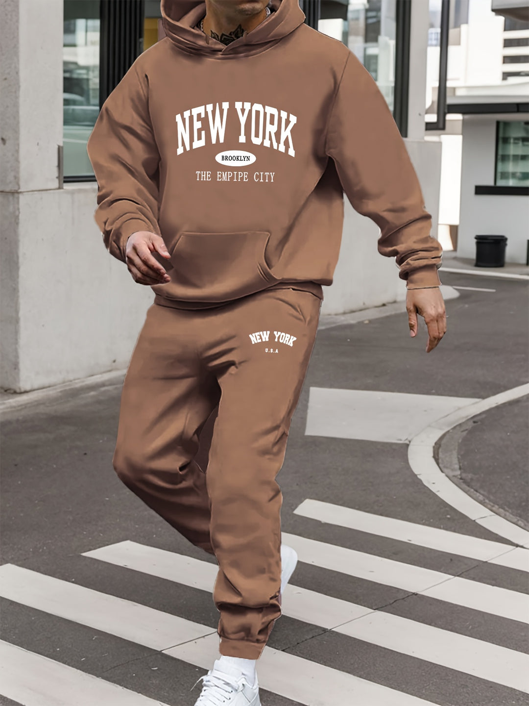 Men'S Thickened Fleece Sports Suit with New York Letter Print, Spring And Autumn Hooded Sweatshirt Set, Long Sleeve Casual And Comfortable with Pockets, Two-Piece Hoodie And Sweatpants.