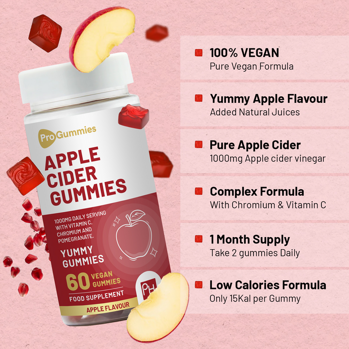 Vegan Apple Cider Vinegar Gummies | Apple Flavour | High Strength 1000mg with Vitamin C, Chromium and Pomegranate | Natural Apple Cider Vinegar | Non-GMO, Gluten-Free & Gelatine-Free by Prowise