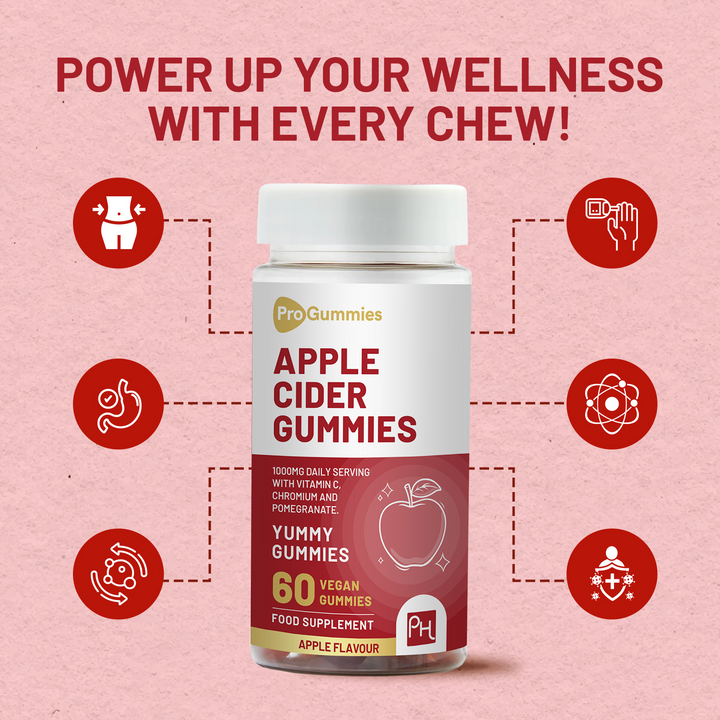 Vegan Apple Cider Vinegar Gummies | Apple Flavour | High Strength 1000mg with Vitamin C, Chromium and Pomegranate | Natural Apple Cider Vinegar | Non-GMO, Gluten-Free & Gelatine-Free by Prowise