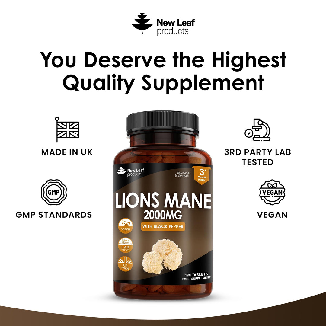 Lions Mane Mushroom 2000mg - 180 High Strength Vegan Tablets - Lion's Mane Supplement with Black Pepper