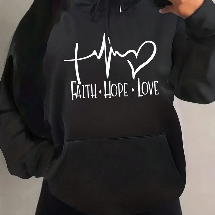 Women's Sports Hoodie With Pocket, Drawstring Design, Long Sleeve, Letter And Ecg Print, Plush Lined, For Fall & Winter