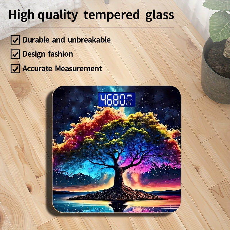 High Precision Digital Bathroom Scale with Vibrant Tree Design, Non-Slip, 396lb Capacity, AAA Battery Powered, Sensor Technology with 0.2kg Minimum Weighing - Batteries Not Included