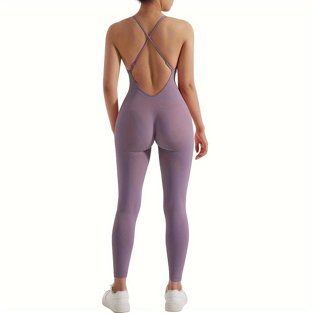 [Customer Favorite] Women's Sleek Backless Yoga Jumpsuit with Removable Pads - High-Waist, Stretchy Nylon/Spandex Blend, Machine Washable